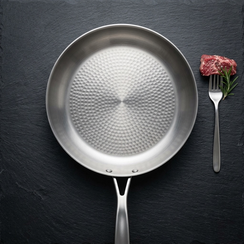 A pristine GINSEI hand-hammered titanium pan, seen from above